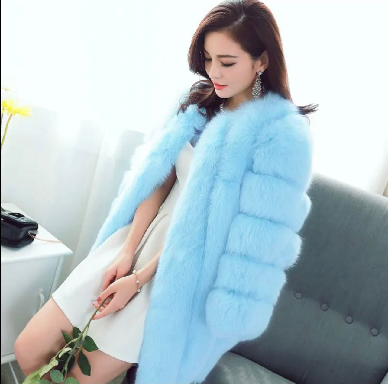 Full faux fur coat waist length