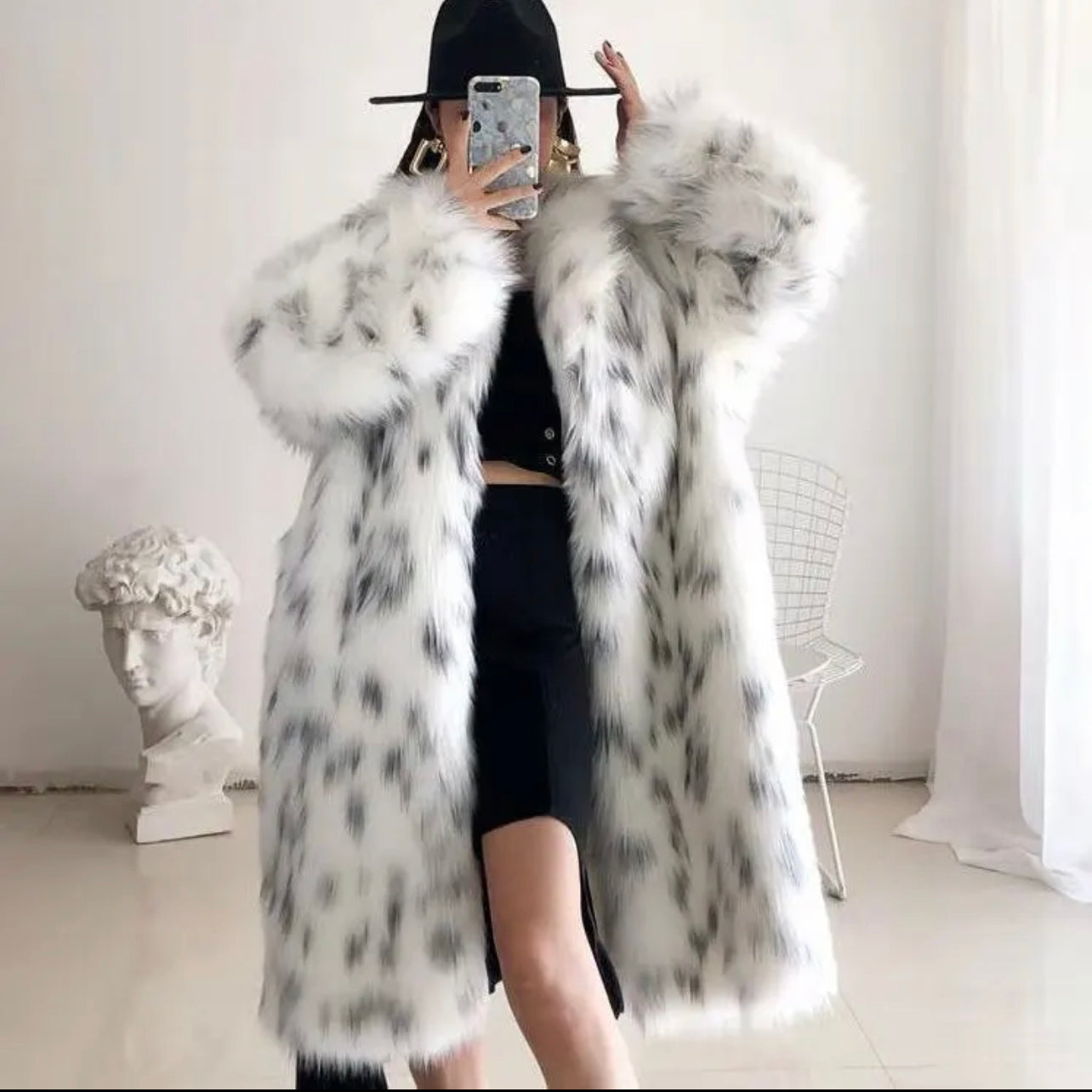 Long White leopard print coat