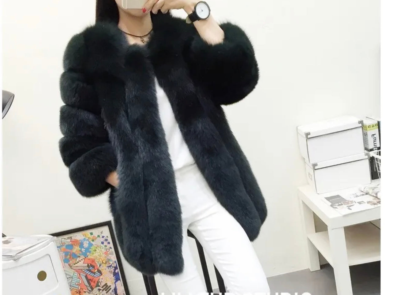 Full faux fur coat waist length